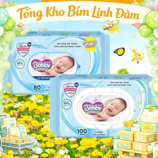 (Hoả tốc ) KHăn ướt Bobby 100 tờ, 80 tờ xanh không mùi hương an toàn cho bé - Thảo Nhi Kid