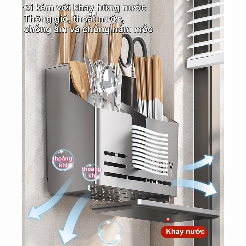 Bộ Giá Đỡ Dao Đũa 2in1 Dán Tường | Khay Đựng Muỗng Nĩa Gọn Gàng | Tiết Kiệm Không Gian Bếp