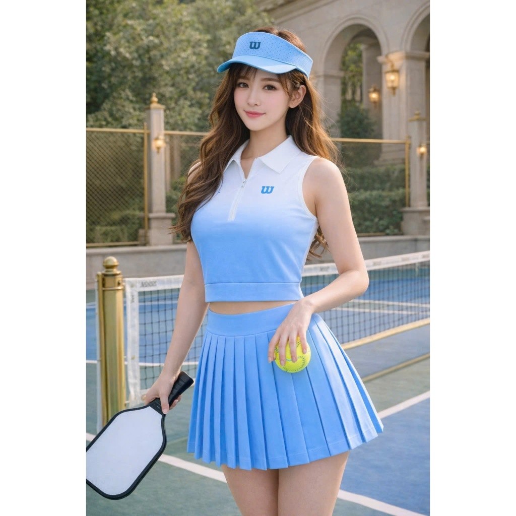 [Pickleball] Bộ thể thao nữ, Bộ váy áo loang sát nách Wilson sang đẹp chơi Pickleball Golf Tennis...