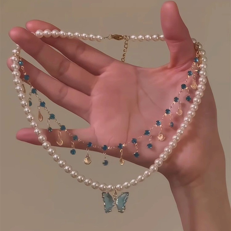 Vòng cổ đá aquamarine và zircon tua rua, thiết kế cổ điển cao cấp, phù hợp cho nữ