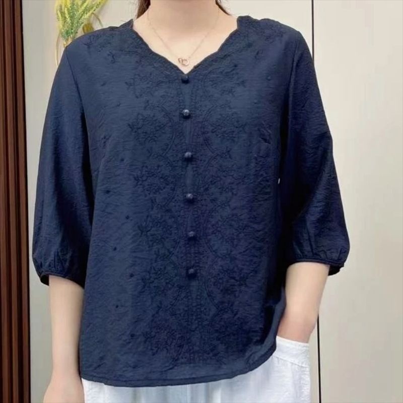 Áo sơ mi nữ phong cách Trung Quốc Retro, thêu đẹp trên cotton và vải lanh, cổ chữ V, tay rộng phù hợp mùa hè