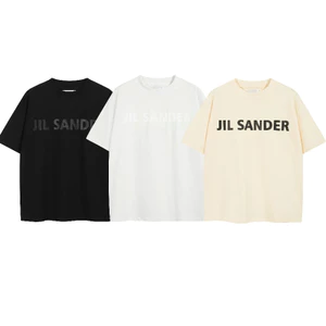 JILStyle Letter Slogan In Logo Áo thun ngắn tay Unisex, Áo thun nam, Cổ tròn Phong cách hàng ngày, Đen, Trắng, Màu be