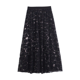 Váy lưới hoa đính sequin, váy xòe chữ A dáng dài mới cho mùa xuân/hè/thu/đông, váy dài vừa phải