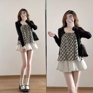 Áo Cadigan mix áo hai dây kẻ sọc tiểu thư thiết kế bồng bềnh điệu đà Hàn Quốc, Áo kẻ tiểu thư