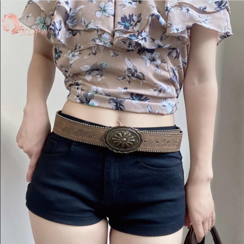 KOPA Thắt lưng rộng boho chất liệu da PU màu nâu vintage, phù hợp với quần jean và style phương tây