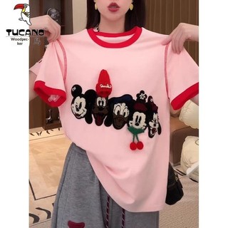 Mickey Áo Thun Tay Ngắn Thêu Họa Tiết Hoạt Hình Phong Cách Công Nghiệp Nặng