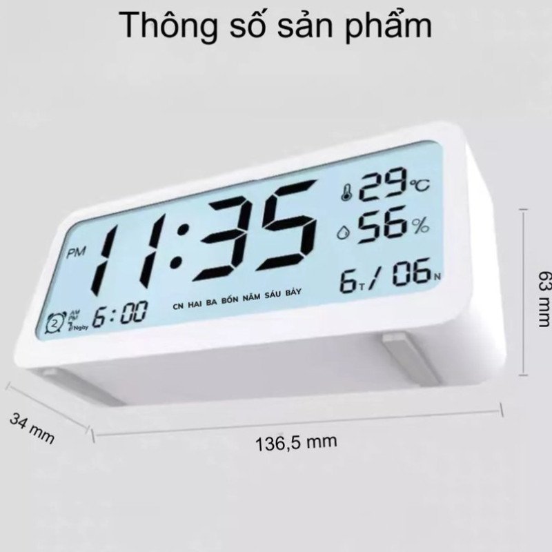 đồng hồ để bàn báo thức màn hình LCD đo nhiệt độ độ ẩm đèn nền 4 chế độ hiển thị ngày tháng nút cảm