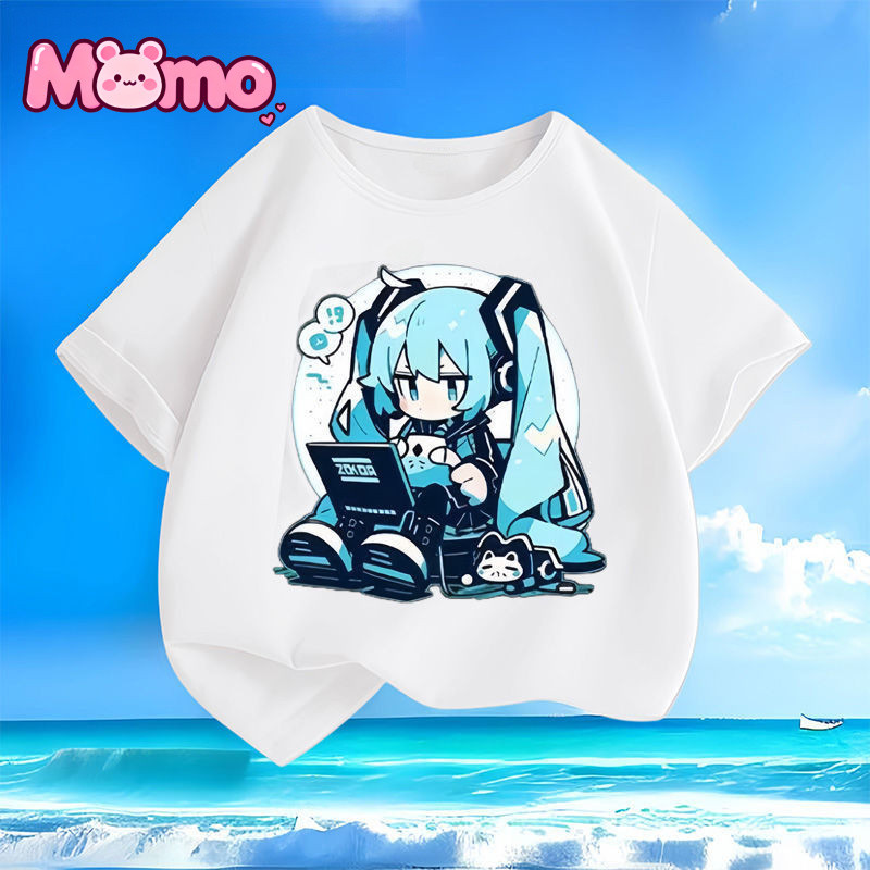 Áo thun trẻ em cổ tròn ngắn tay in hình hoạt hình Hatsune Miku dành cho bé trai và bé gái