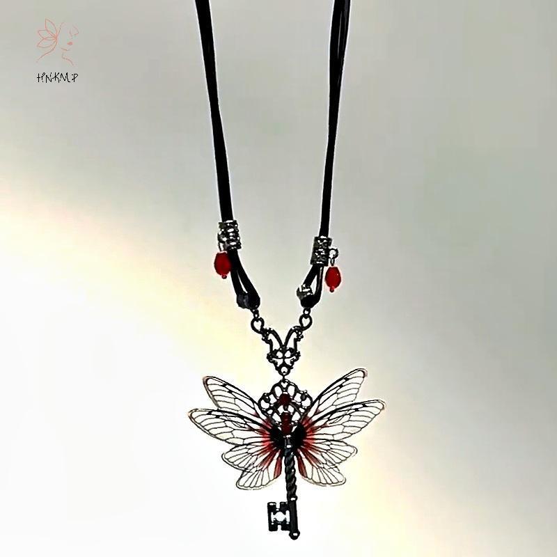 HNKMP Y2K Chuồn Chuồn Chìa Khóa Đỏ Zircon Vòng Cổ Mặt Dây Chuyền Retro Punk Da Hip Hop Choker Hợp Thời Trang Nữ Trang Sức Quà Tặng.