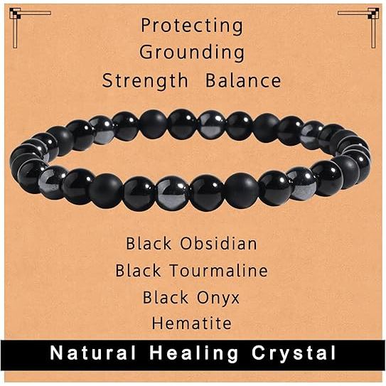 Vòng tay Onyx Tourmaline màu đen Bảo vệ ba vòng tay pha lê chữa bệnh Obsidian Hematite Vòng tay dành cho nam và nữ