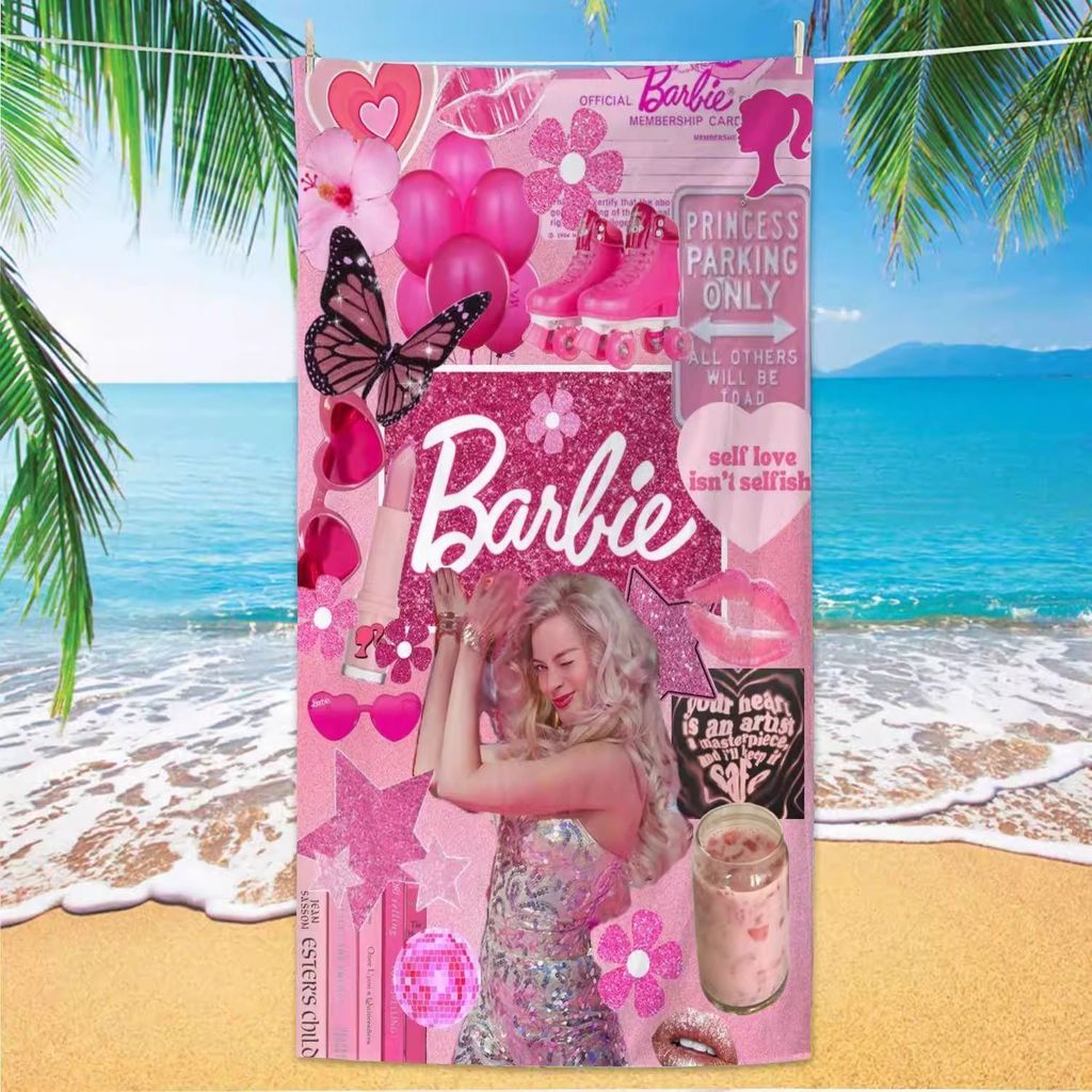 Khăn đi biển Microfiber họa tiết Barbie dễ thương cho bé gái, màu hồng