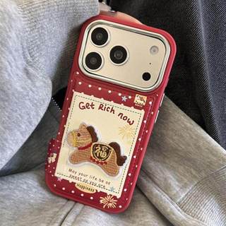 Làm Giàu Hạnh Phúc Thêu Ngựa Đỏ Cam Chấm Bi Điểm Da PU Ốp Lưng Điện Thoại iPhone 17Promax 17Pro 14 15 16 Pro Max 13 Vỏ Di Động Nữ Chống Sốc