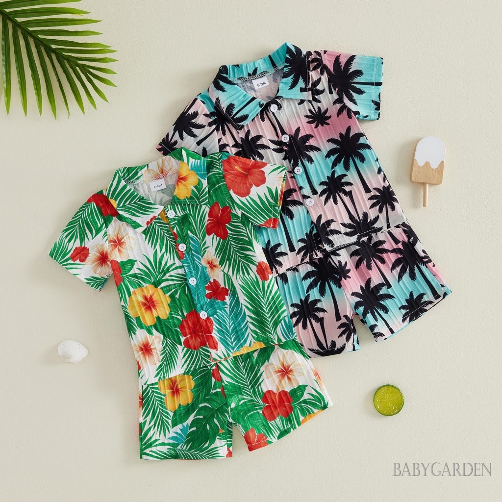 6m-4y Trẻ Em Bé Trai Trang Phục Mùa Hè Hawaii Cây Dừa / Lá Cọ In Áo Sơ Mi Tay Ngắn Có Quần Short Bộ 2 Chiếc