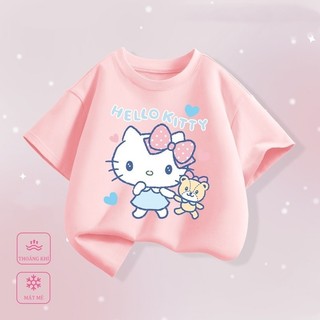 Áo thun mỏng cổ tròn kiểu Mỹ, thoải mái, in hình Hello Kitty của Sanrio dành cho bé gái, một mặt.