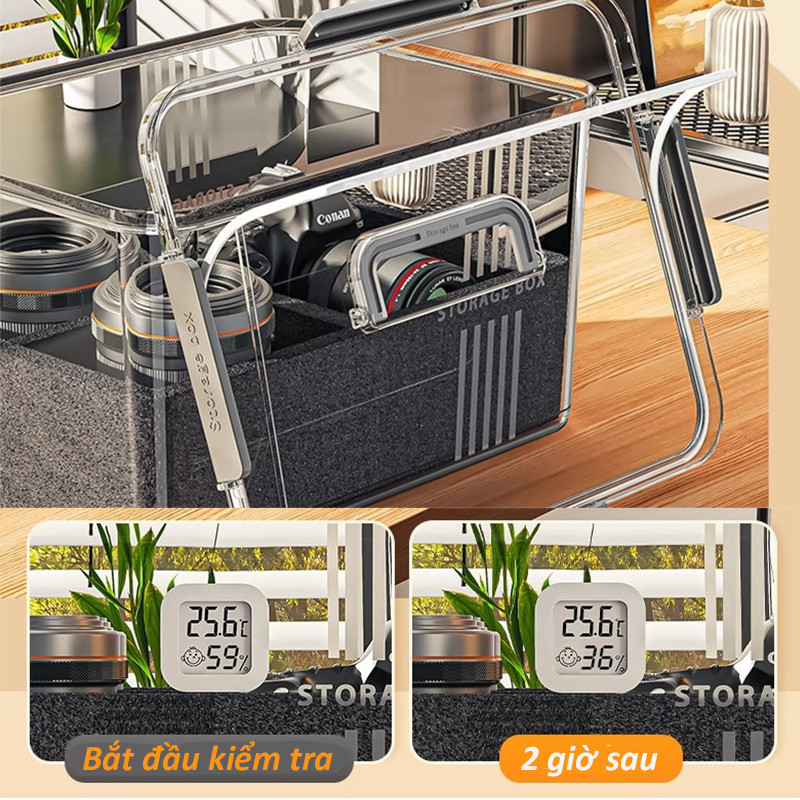 Hộp Chống Ẩm Trong Suốt - Full Phụ Kiện (Ẩm Kế *1+Hút Ẩm *5), Lót Chống Sốc, Bảo Vệ Máy Ảnh Tối Ưu