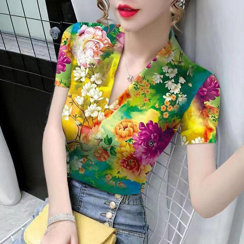 Áo thun nữ cổ chữ V slim-fit chất liệu lụa lạnh, phong cách phương Tây, xu hướng xuân hè