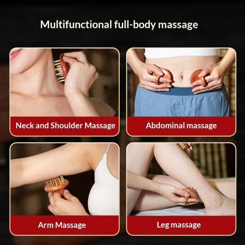 Bàn chải massage toàn thân AWNGD, Máy mát xa da đầu con lăn hạt vàng bằng đồng thau nguyên khối 39-Tooth, Tay cầm bằng gỗ Giảm áp Bàn chải kinh tuyến Massage cơ thể