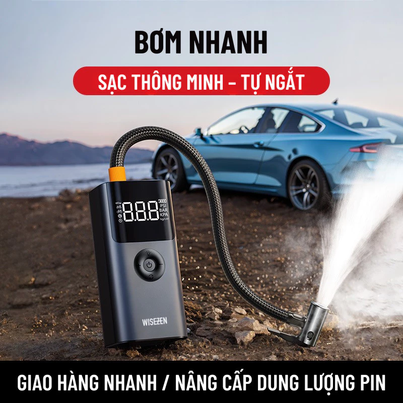 Kích Bình ô Tô Kiêm Bơm Lốp ô Tô 4 Trong 1 Wisezen Sử Dụng Bộ Kẹp Thông Minh An Toàn Chống Ngược Cực