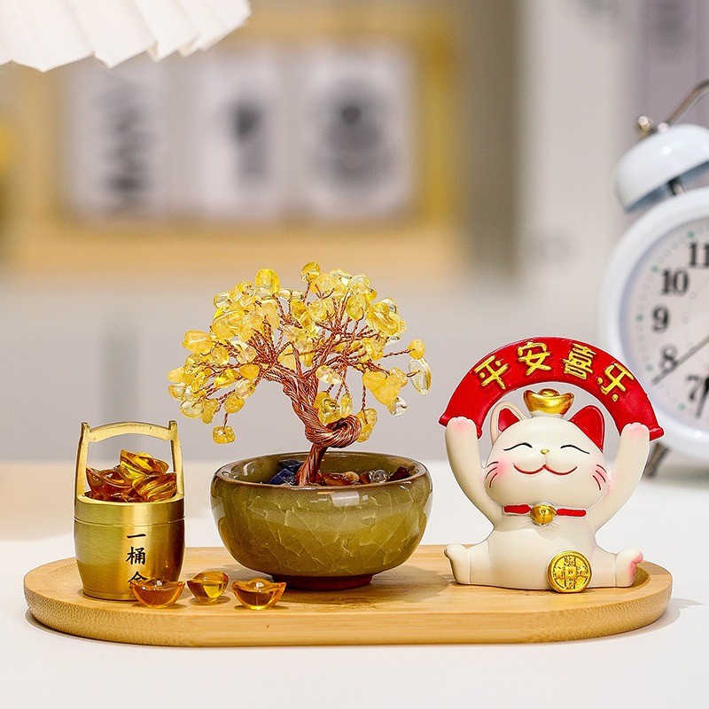 Set Cây Tài Lộc Mèo Thần Tài Thùng Vàng Phong Thủy Cao Cấp - Bộ Decor Bàn Làm Việc Quà Tặng Khai Trương Thu Hút Tài Lộc