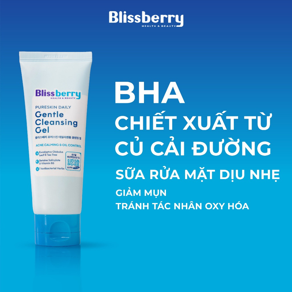 Sữa Rửa Mặt BHA pH 5.5 Dịu Nhẹ Giảm Mụn Kết Hợp B5 Duy Trì Độ Ẩm Blissberry Daily Gentle Cleansing Gel 100ml