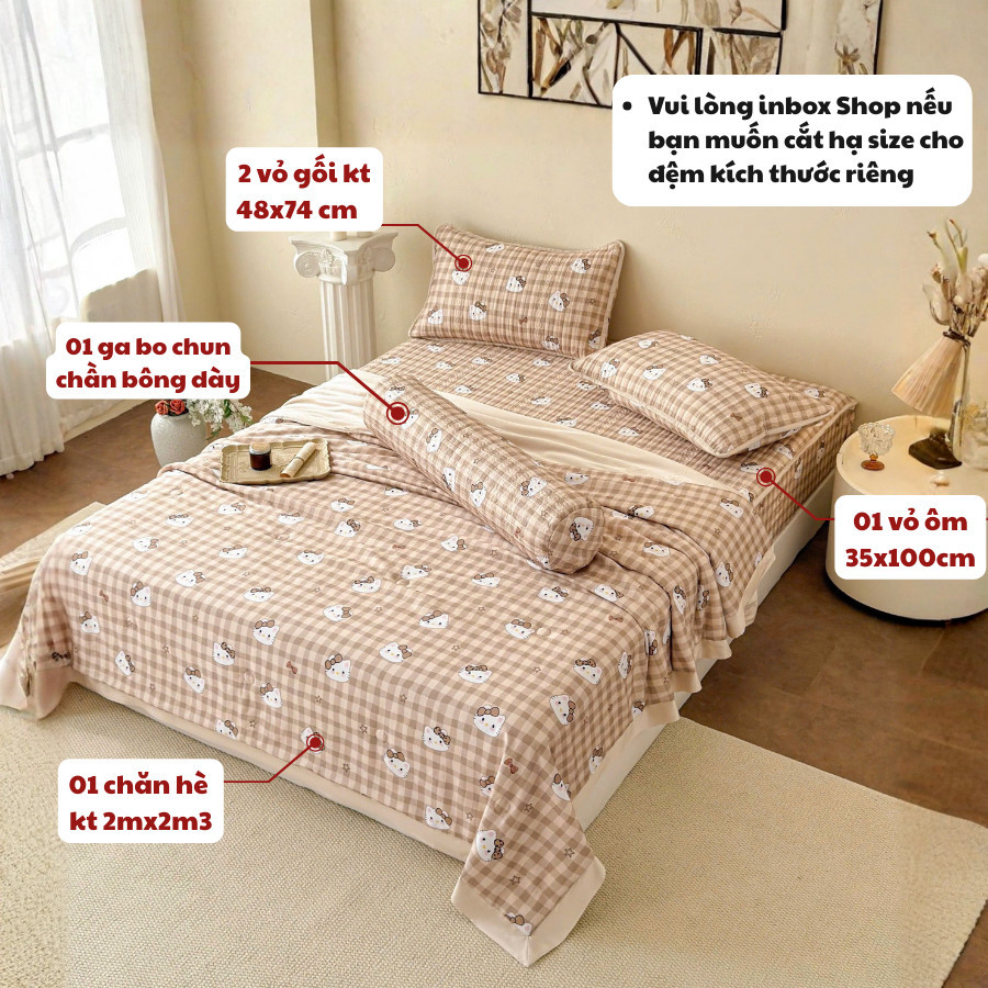 (SCB84) Bộ Chăn Hè Ga Chần Cotton Lụa 5 món tặng kèm vỏ ôm Memminbedding phong cách Hàn Quốc nhẹ nhàng
