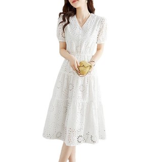 Đầm ngắn tay màu trắng kiểu Pháp, thiết kế khoét lỗ, dành cho nữ, đầm dài dáng thanh lịch mùa hè