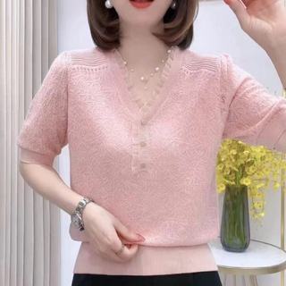 Áo Thun Cổ Chữ V Tay Ngắn Cho Nữ, Thiết Kế Ren Cổ Điển Xu Hướng Hàn Quốc, Thích Hợp Mặc Mùa Hè