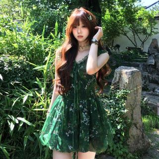 Váy Hoa Xanh Retro Cổ Chữ V, Họa Tiết Nụ Hoa Hẹp, Phù Hợp Cho Mùa Hè