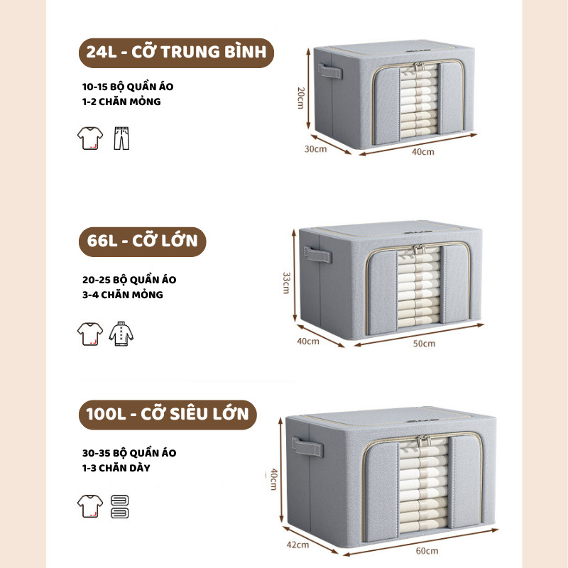 Hộp Vải Size Lớn Đựng Quần Áo ENODA HOME Có Khung Thép, Hộp Vải Bảo Quản Chăn Gối Có Khóa Kéo Kín Bụi HV145