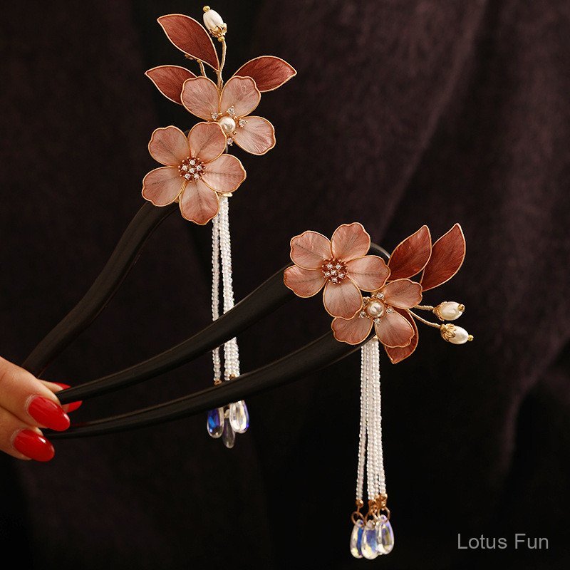Phụ Kiện Hair Accessory Hanfu 2026 - Kẹp Tóc Nhung Hoa Lụa Retro Gỗ Đàn Hương