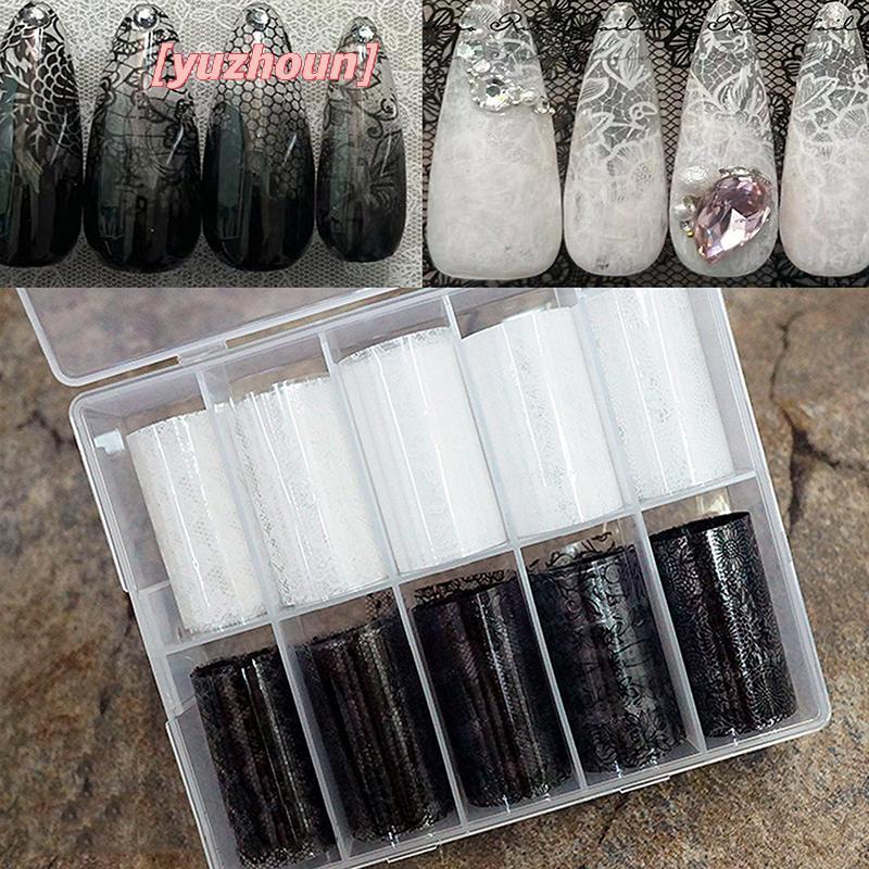 [yuzhoun] 1 / 10 Cuộn Thanh Lịch Bla Trắng Ren Hoa Chuyển Móng Tay Giấy Giả Tưởng Retro Hoa Bầu Trời Đầy Sao Giấy Stier Phụ Kiện Làm Móng Tay