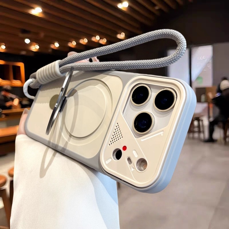 Ốp điện thoại 360 Stand & Mecha Frame Vỏ cứng Acrylic có dây buộc Hỗ trợ sạc không dây cho iphone 17 16 15 14 13 pro max ốp lưng
