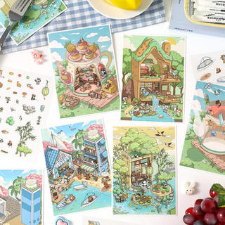 ENWEI 3 Cái [Giải Trí Bốn Chương Series] Nhãn Dán Phong Cảnh 3D Dừa Chống Thấm Nước Kỳ Nghỉ Kỳ Nghỉ Tre Zen Retreat Đề Can Chủ Đề Cho Sổ Lưu Niệm Nhật Ký