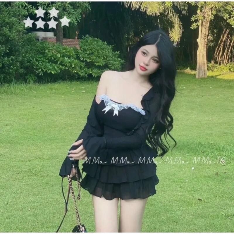 SÉT ÁO CÚP NGỰC NƠ REN XINH PHỐI CHÂN VÁY TẦNG KÈM ÁO KHOÁC NGOÀI - Sam Botique
