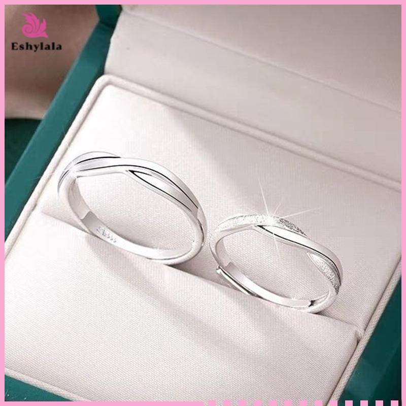 Bộ nhẫn cặp đôi bạc đơn giản Eshylala, Nhẫn đeo tay có thể điều chỉnh cho nam và nữ, Quà tặng kỷ niệm [MỚI]