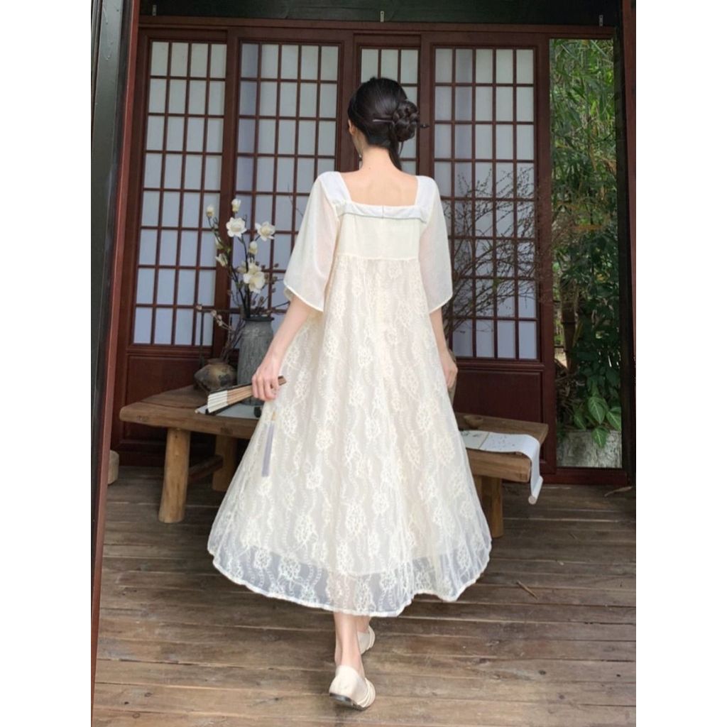 Váy thêu ren phong cách cổ điển Trung Quốc mới dành cho nữ, váy Hanfu dáng rộng dài qua gối cỡ lớn mùa hè