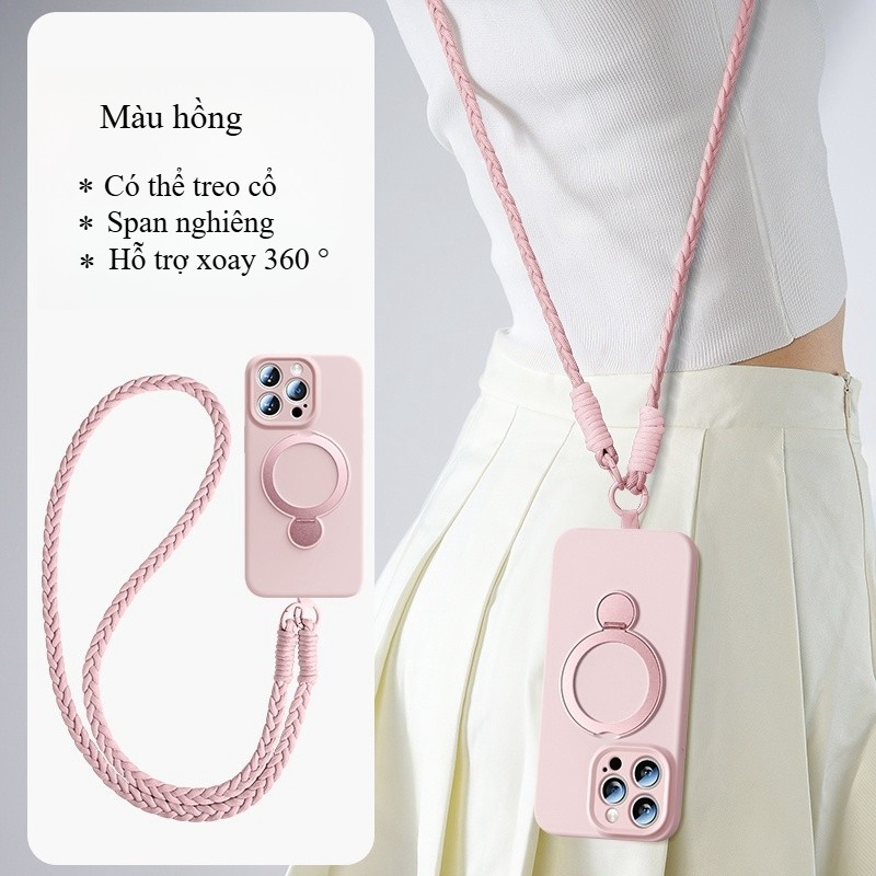 Ốp Lưng Silicone Mềm Giá đỡ Xoay 360° Cho IPhone 17 16 15 14 13 Pro Max | Chống Sốc Kèm Dây đeo Chéo Dài