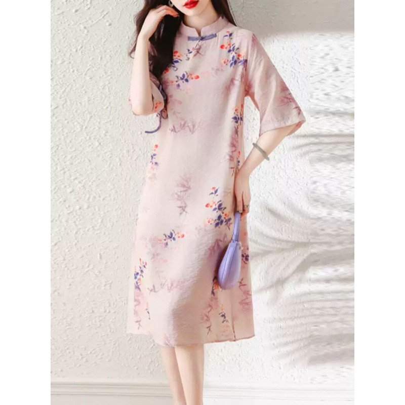 Váy dáng chữ A cổ đứng in họa tiết cổ điển mùa hè phong cách Trung Quốc, váy dài thanh lịch dành cho nữ