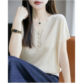 Áo len cổ chữ V tay ngắn nữ, phiên bản Hàn Quốc, phù hợp mùa hè