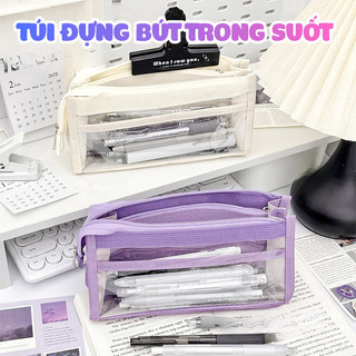 Túi Đựng Bút Trong Suốt 2 Ngăn Lưới Cao Cấp, Hộp Đựng Bút Nhựa PVC Chống Nước, Thiết Kế Tiện Lợi