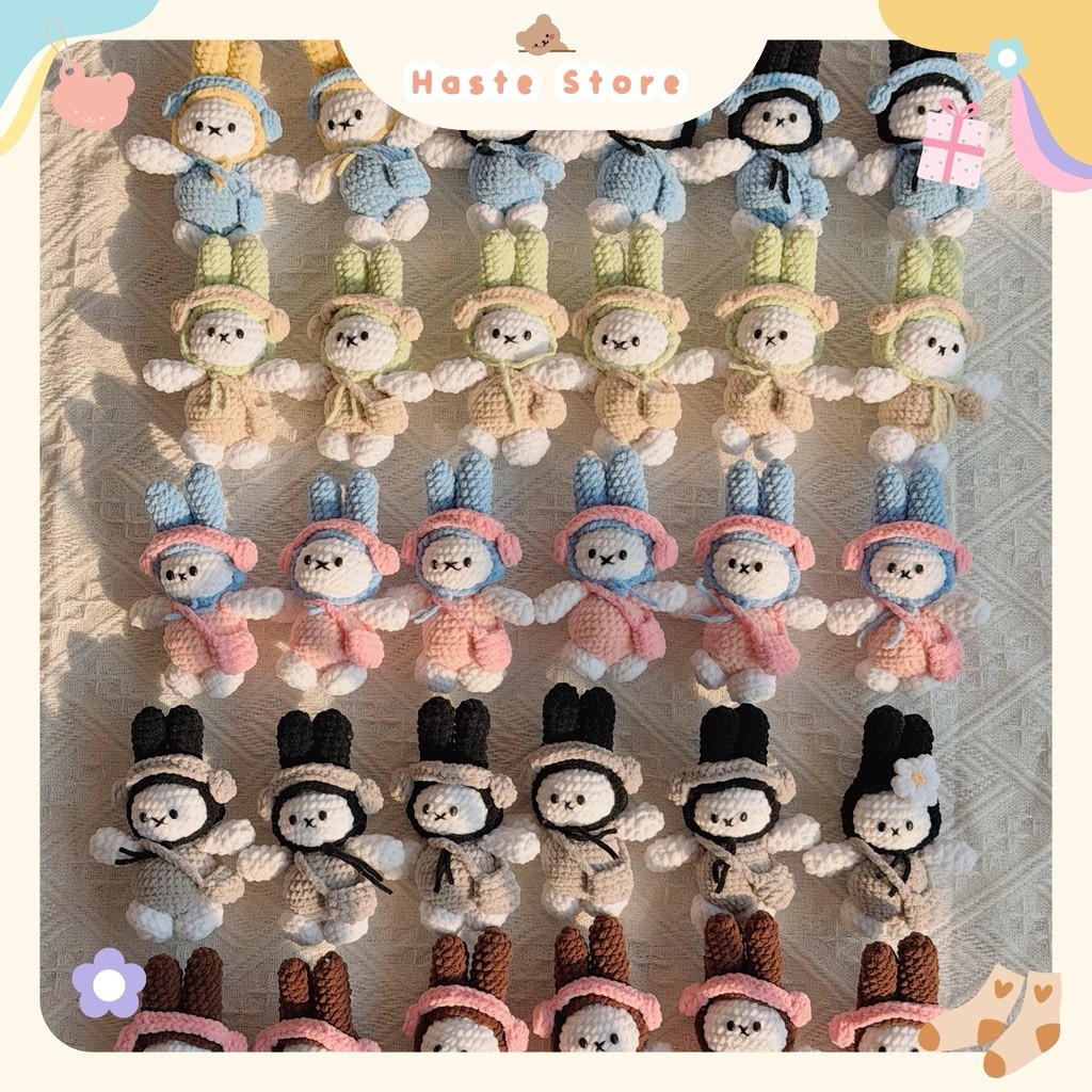 Móc Khoá Len Nhung Thỏ Miffy Mang Yếm Đeo Tai Nghe Headphone Quà Tặng Handmade Dễ Thương