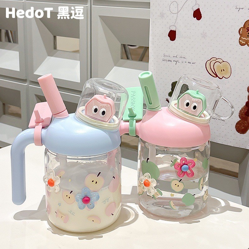 Ins Style Cốc Thủy Tinh Giá Trị Cao Có Tay Cầm Cốc Rơm Dung Tích Lớn Dễ Thương Có Nắp Phong Cách Mới Hộ Gia Đình Làm Trà Cốc Giá Trị Cao