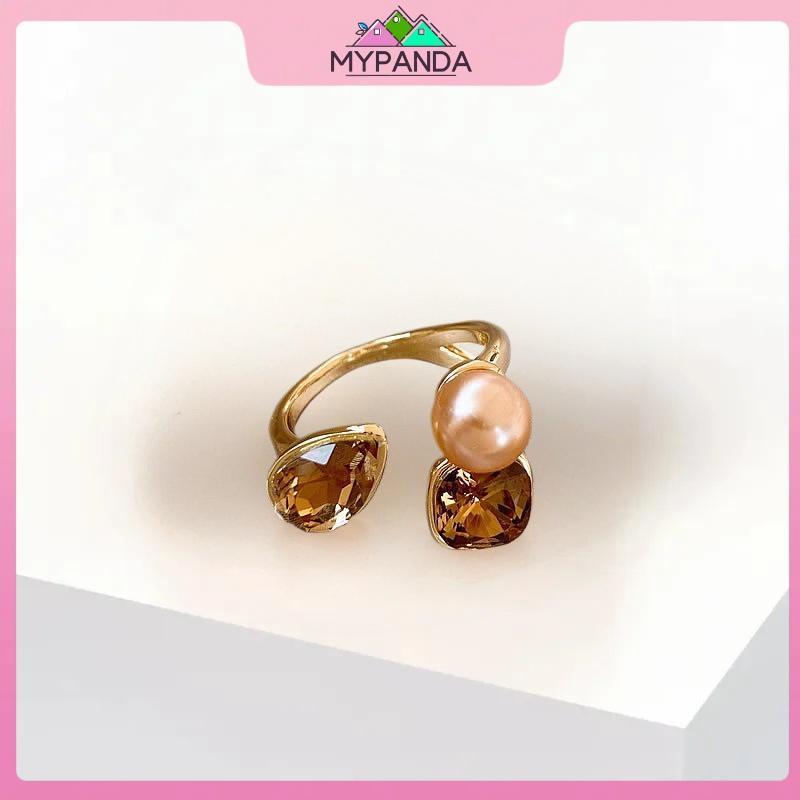 MYPANDA Nhẫn hình học pha lê champagne ngọc trai kim loại, tinh tế cho dự tiệc
