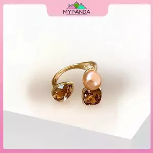 MYPANDA Nhẫn hình học pha lê champagne ngọc trai kim loại, tinh tế cho dự tiệc
