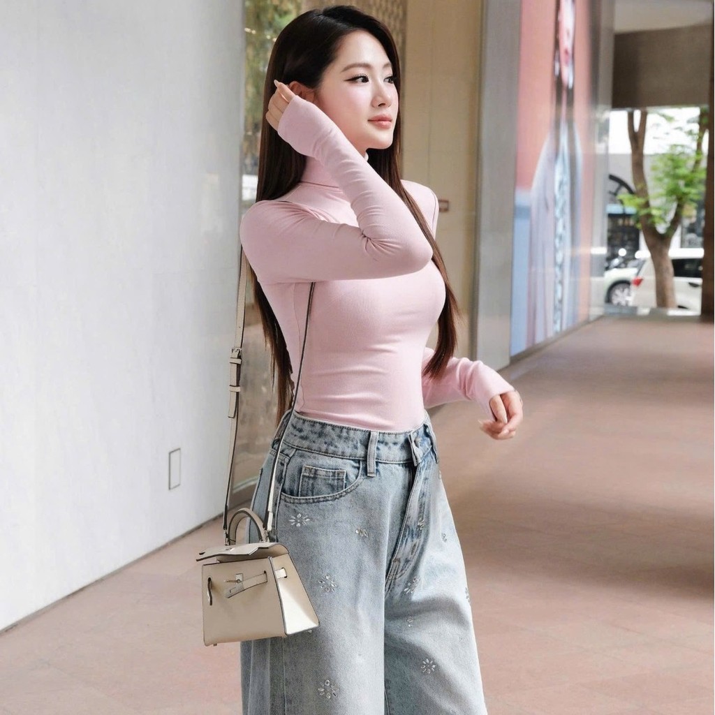 Quần jeans suông Khiết tone xanh nhạt trendy phối đính hoa đá lấp lánh, phong cách daily năng động KQ571