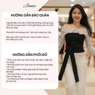 Áo Trễ Vai Thun Zip Phối Thô Kẻ Tiểu Thư Nơ Buộc Eo Tôn Dáng Thanh Lịch Mặc Đi Chơi Đi Cafe