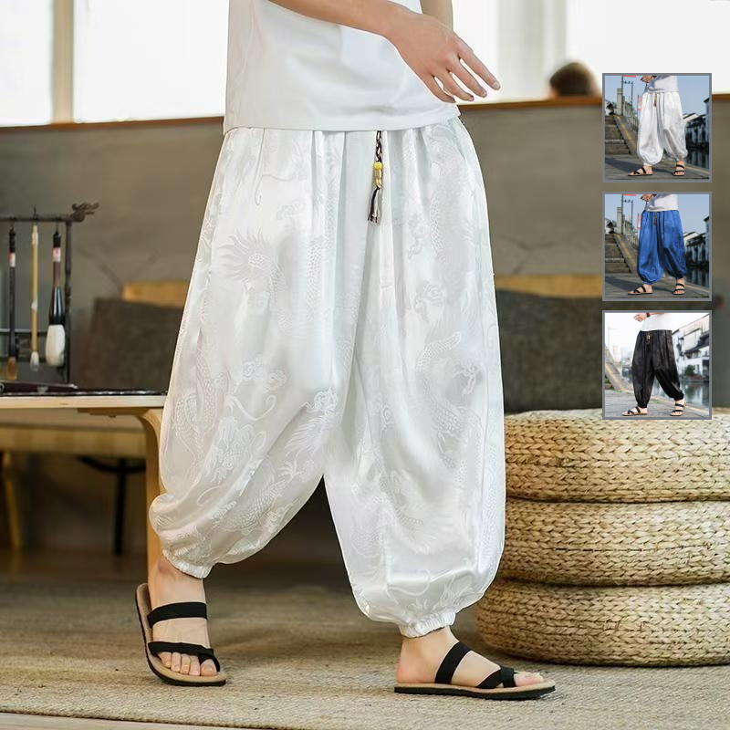 Quần harem dáng rộng họa tiết rồng Trung Quốc, thời trang cho nam