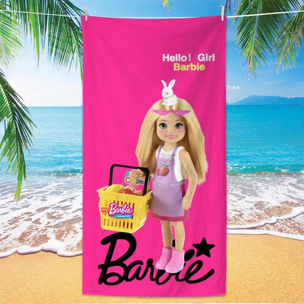 Khăn đi biển Microfiber họa tiết Barbie dễ thương cho bé gái, màu hồng