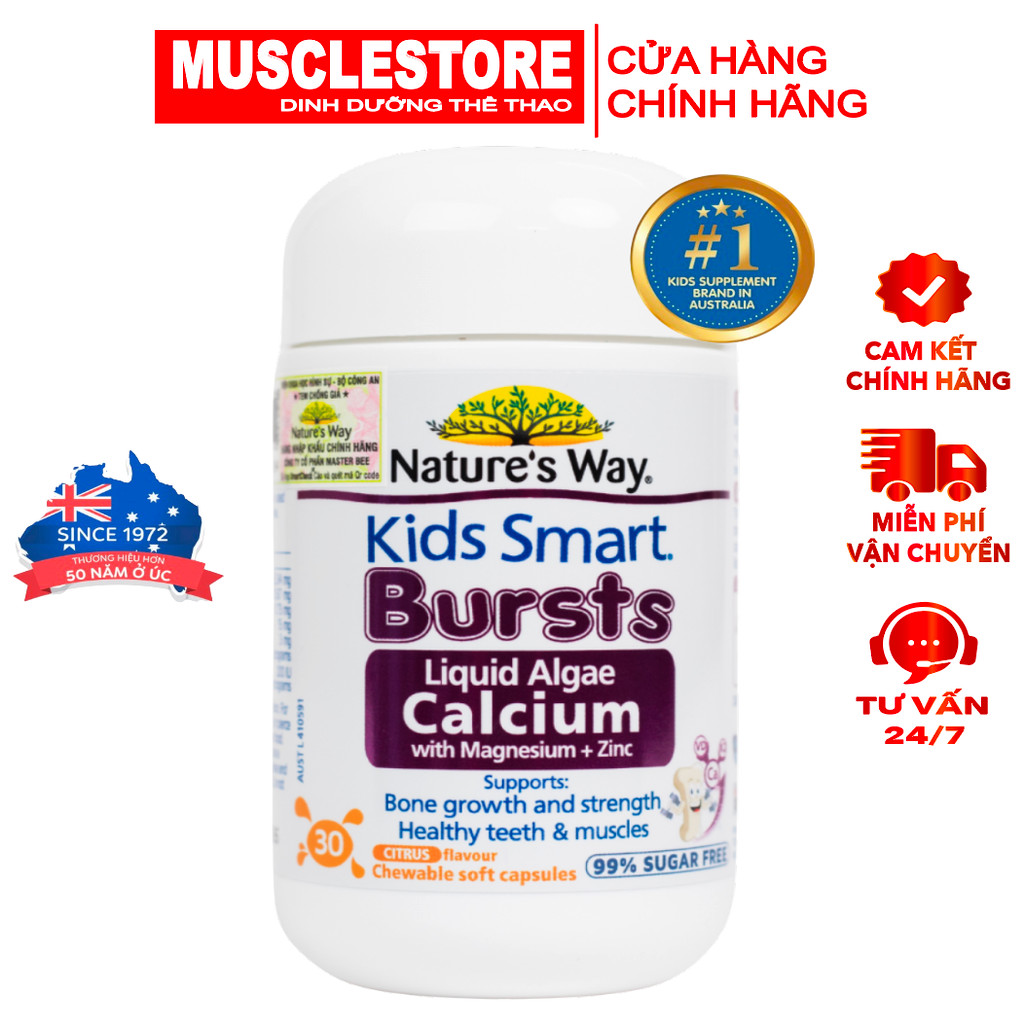Viên Nhai Canxi Nature's Way Bursts Calcium With Magnesium + Zinc (30 Viên), Cho Bé Từ 6 Tháng Tuổi 