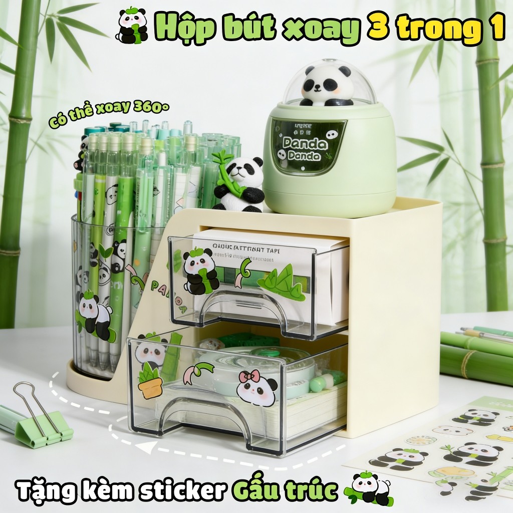 Hộp đựng bút để bàn xoay 360° thông minh, thiết kế gấu trúc cute, Kệ đựng mỹ phẩm nhiều ngăn tiện lợi decor bàn